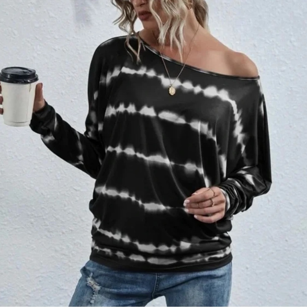 Sundry - California coastal black and white tie dye off the shoulder sweatshirt
